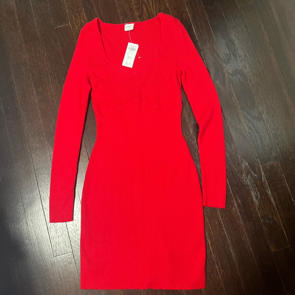 Abercrombie & Fitch Red V-Neck Long Sleeve Sweater Bodycon Dress